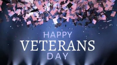 Amerikan bayrakları dijital animasyon Mutlu Gaziler Günü okur altında bir metin ile konfeti gibi düşen