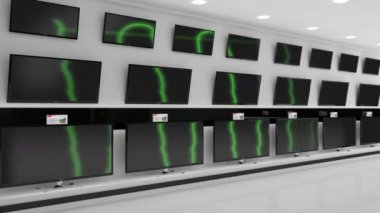 Ekranında yeşil dalgalar olan bir mağazada görüntülenen televizyonların dijital animasyonu