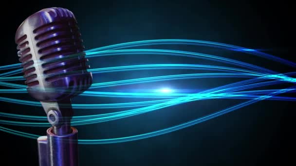 Цифрова Анімація Мікрофона Синьому Фоні Сяючою Синьою Ниткою Світла — стокове відео