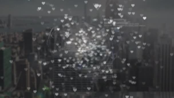 Цифровая Анимация Вида Высоких Зданий Разлетающимися Сердцами Переднем Плане — стоковое видео