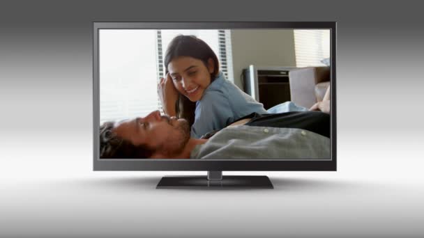 Digital Composite Television Caucasian Woman Watching Her Partner Sleep Its — Stock Video