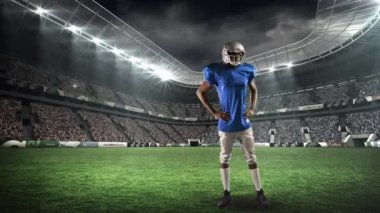 Bir saha stadyumunda taraftarlarına el sallayan Afro-Amerikan futbolcunun dijital animasyonu