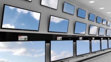 Duvarda görüntülenen ekranlarda gökyüzü arka planı olan düz ekran televizyonların dijital animasyonu