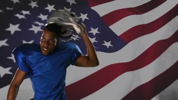 Close Jogador Futebol Afro Americano Zombando Com Uma Bandeira Americana — Vídeo de Stock