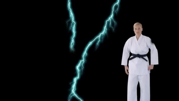 Digital Animation Kaukasisk Kvinna Karate Svart Bälte Gör Ställningstaganden Svart — Stockvideo