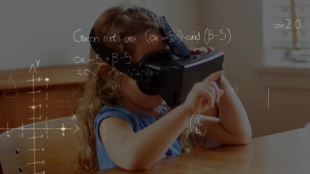 Цифровий Композитний Маленька Кавказька Дівчинка Носить Віртуальна Реальність Гарнітура Графами — стокове відео