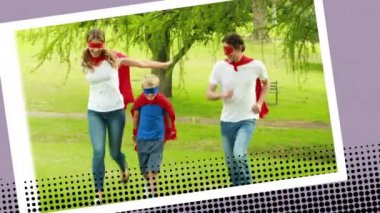 Bir dijital fotoğraf sınırı etkisi parkta çalışırken bir oğul süper kahraman kostümleri giyen bir ailenin ön görünümü