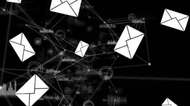 Arka planda çalışan grafikler ve istatistiklerle ön plana düşen ileti simgelerinin dijital animasyonu