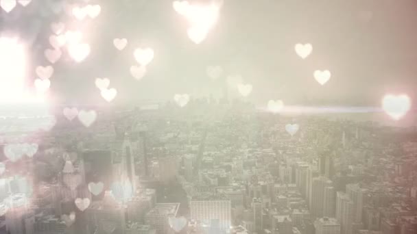 Animación Digital Ángulo Alto Una Ciudad Con Corazones Voladores Primer — Vídeos de Stock