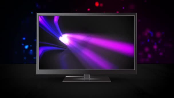 화면에 추상적 배경처럼 보라색 텔레비전의 디지털 애니메이션 뒷면에는 파란색과 보라색 — 비디오