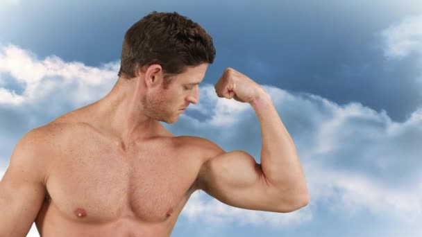 Close Caucasian Shirtless Man Flexing His Biceps Clear Sky Background — Stock Video