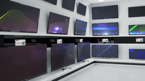 Ekranlarında Renkli Çizgiler Olan Elektronik Bir Mağazada Görüntülenen Düz Ekran — Stok video