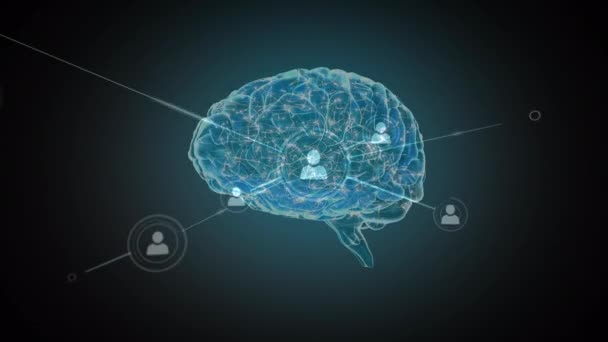 Ψηφιακή Κίνηση Ενός Περιστρεφόμενου Ανθρώπινου Εγκεφάλου Συνδεδεμένο Δίκτυο Εικονιδίων Προφίλ — Αρχείο Βίντεο