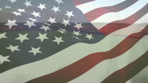 Цифровая Композиция Широкого Травяного Поля Американским Флагом Размахивающим Переднем Плане — стоковое видео