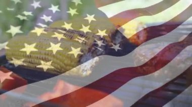 Bir Amerikan bayrağı ön planda sallayarak ise mısır ve burger köftesi ızgara Dijital kompozit