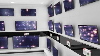 Ekranlarında parlayan ışıklar olan duvardaki düz ekran televizyonların dijital animasyonu