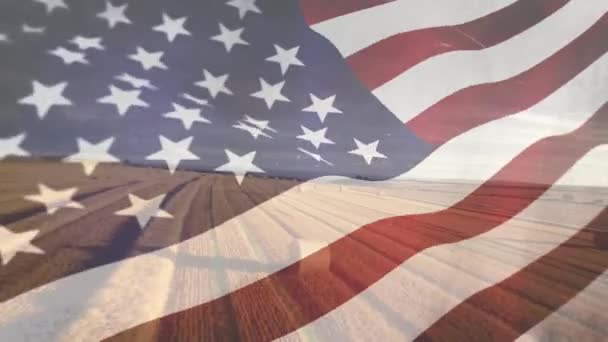 Ψηφιακή Σύνθεση Μιας Ευρείας Γεωργικής Γης Και Μιας Αμερικανικής Σημαίας — Αρχείο Βίντεο