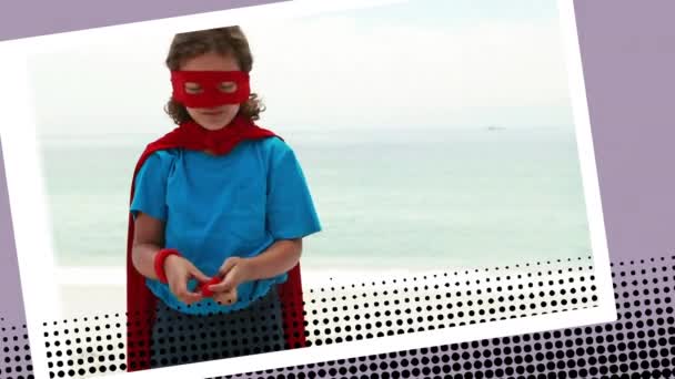 Digital Animation Boy Playing Superhero Beach Photograph Border Effect — Stock Video