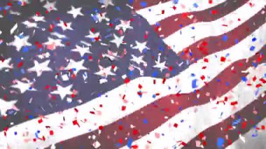 Dijital konfeti ile sallanan bir Amerikan bayrağı yakın