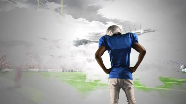 Rear View African American Football Player Standing Field Goal Foggy — Stock Video