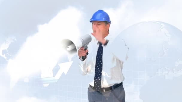 Digital Composite Caucasian Male Engineer Giving Directions Using Horn Speaker — Stock Video