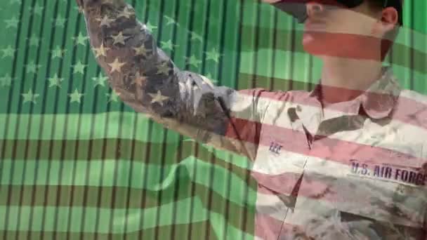 Digital Composite Soldier Wearing Virtual Reality Headset American Flag Waving — Stock Video