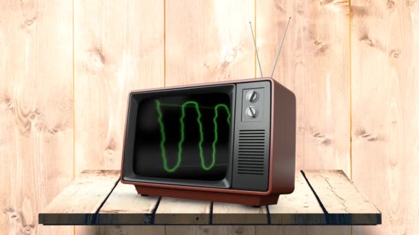 画面上の緑色の静電気を持つ木製の壁カウンター上のテレビのデジタルアニメーション — ストック動画