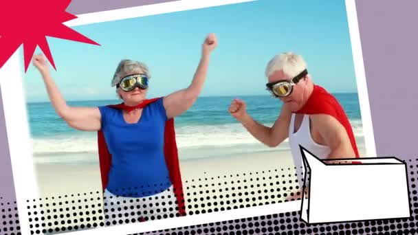 Animazione Digitale Dei Nonni Che Indossano Costume Supereroe Sulla Spiaggia — Video Stock