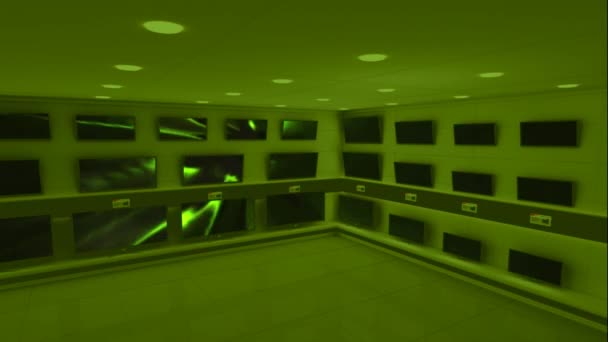 Yeşil Bir Odada Yeşil Işık Yanıp Söner Gösteren Görüntülenen Monitörlerin — Stok video
