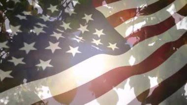 Güneş ışığının doruğa ulaştığı ve ön planda sallanan bir Amerikan bayrağının olduğu yaprakların dijital bileşimi