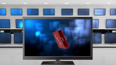 Ekranında bir satış alışveriş çantası ile Düz ekran Tv dijital animasyon. Arkasında duvarda görüntülenen diğer Tv'ler var.