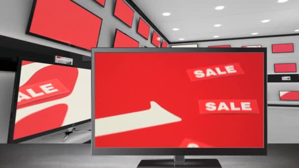 Elektronik Bir Mağazada Kendi Ekranında Satış Etiketleri Ile Düz Ekran — Stok video