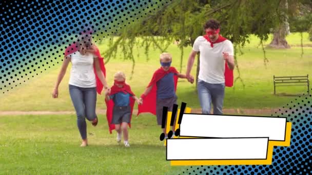 Front View Family Two Kids Running Park While Wearing Superhero — Stock Video