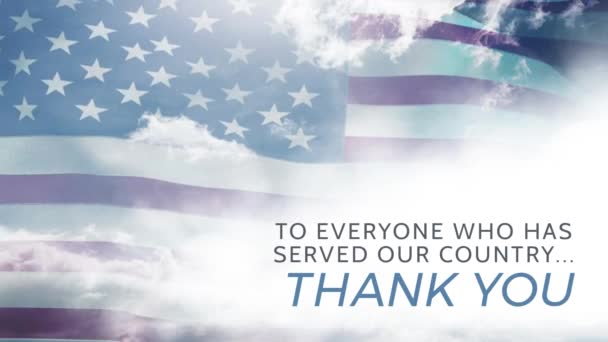 Цифровая Композиция Американского Флага Размахивающего Небе Текстом Благодарности Военным — стоковое видео