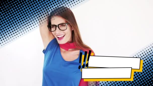 一个白种妇女穿着超级英雄服装前视图 摆出数字点缀边框效果 — 图库视频影像
