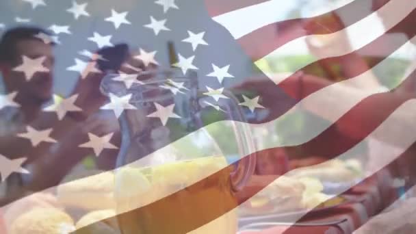 Digital Composite Happy Family Friends Having Picnic American Flag Waving — Stock Video