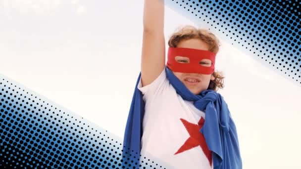 白い背景にデジタル点線の境界線を持つスーパーヒーローの衣装を着た白人少年の正面図 — ストック動画