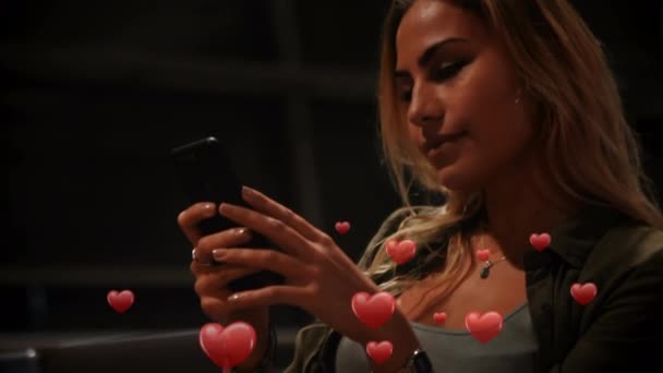 Digital Composite Caucasian Woman Sitting Terminal Bench Night Texting Digital — Stock Video