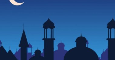Cami siluetleri ve sarı yıldız ve beyaz hilal ay ile asılı siyah fenerler mavi bir arka plan ile gümüş ışıltılı Bayram Mübarek tebrik dijital olarak oluşturulan animasyon