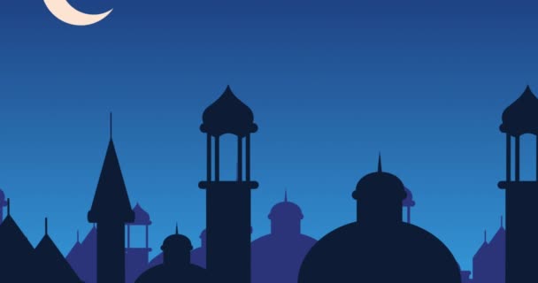 モスクのシルエットと白い三日月でぶら下がる黒い提灯の青い背景を持つ銀色の輝くラマダンカリームの挨拶のデジタル生成アニメーション — ストック動画