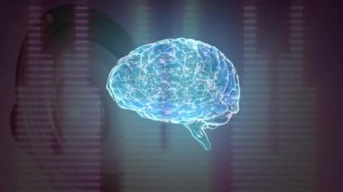 Hareket eden frekans çubukları nda içinde hareketli parçacıklar ve solda büyük bir hoparlör, koyu mavi arka plan üzerinde dönen 3d beynin dijital animasyonu