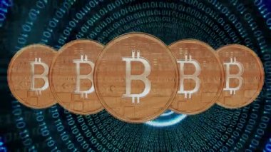 Devre kartından yapılmış, birbiriyle hizalanmış ve parlak hareketli dairelerle ikili basamaklardan yapılmış bir tüp boyunca hareket eden beş statik Bitcoin'in dijital animasyonu