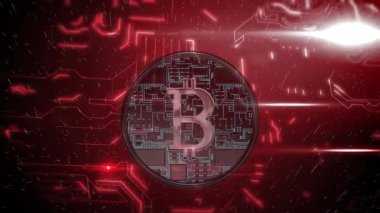 Devre kartından yapılmış statik bir Bitcoin'in dijital animasyonu. Arka planda hareketli devre hatları olan kırmızı bir tekno-kalp