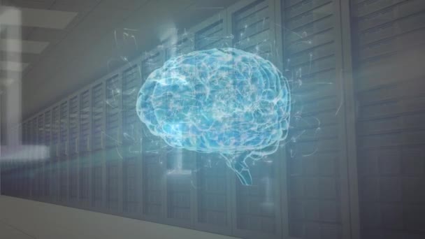 Animation numérique d'un cerveau humain en rotation avec une série de chiffres binaires mobiles sur un serveur statique en arrière-plan 