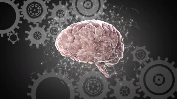 Animación Digital Cerebro Humano Giratorio Con Partículas Circundantes Engranajes Industriales — Vídeos de Stock