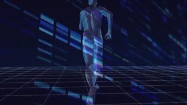 Arka planda mavi dijital çubukların hareket ettirilmesinin yan görünümüne sahip ızgara üzerinde çalışan bir dijital adamın dönüş görünümü
