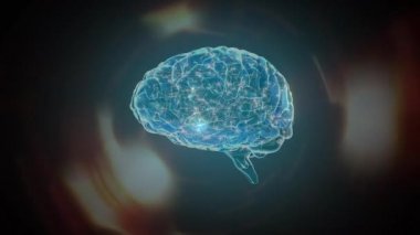 İçinde hareket eden parçacıklar olan dönen beyaz beynin dijital animasyonu. Rastgele parlayan