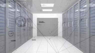 Sunucu odalarında yürümenin ve girmenin dijital animasyonu. Blockchain döngülerini ve bağlantı hatlarını ön planda taşıma