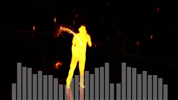 Animation Numérique Danseur Avec Chapeau Silhouette Jaune Barres Numériques Blanches — Video