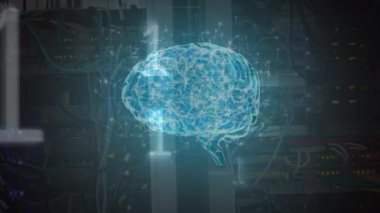 Çevreleyen parçacıklar ve arka plan olarak bir bilgisayar sunucusunun panoramik görünümünde ikili basamak hareketli dönen bir mavi beynin dijital animasyon